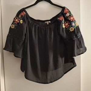 Bleuh Ciel Women's Multicolor Embroidered Flutter Sleeve Blouse